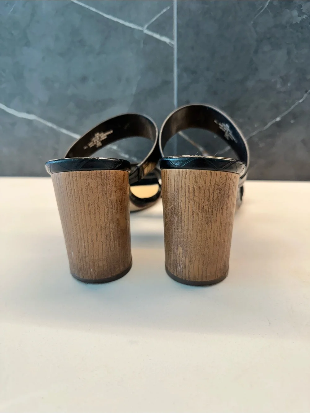 Unisa Yara 3 Black Croc-Embossed Double Strap Block Heel Sandals